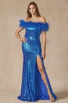 Juliet Jt292 Slit Long Feather Formal Prom Dress In Blue