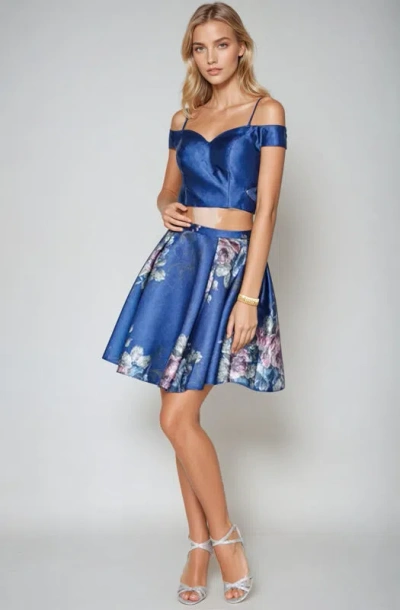 Juliet Jt798 Short Floral Print Two Piece Homecoming Dress In Blue