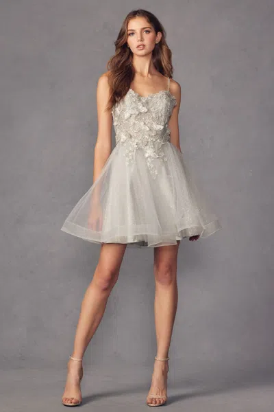Juliet Jt902 Short Cocktail Lace Dress In Silver