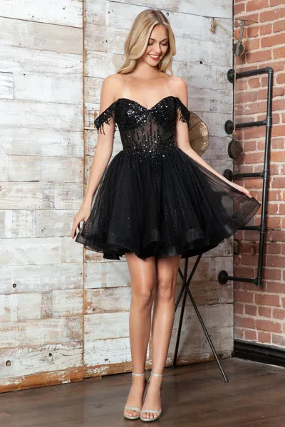 Juliet Jt947l Short Cocktail Beaded Homecoming Fitted Dress In Black