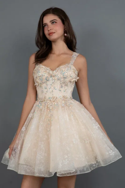 Juliet Jt976l Short Cocktail Floral Glitter Dress In Gold