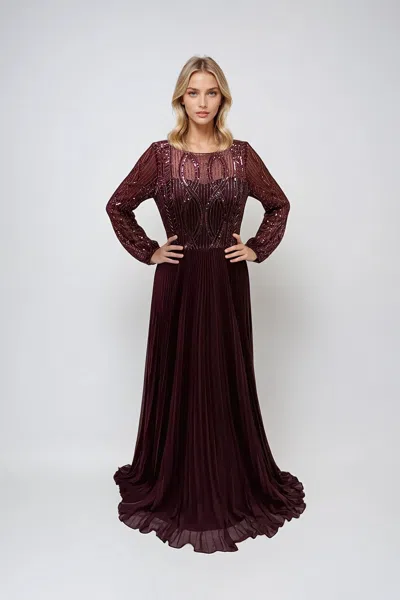 Juliet Jtm18b Long Formal Pleated Sequin Mother Of The Bride Dress In Burgundy