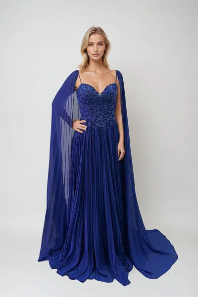Juliet Jtm20l Long Fitted Sequin Formal Pleated Evening Dress In Blue