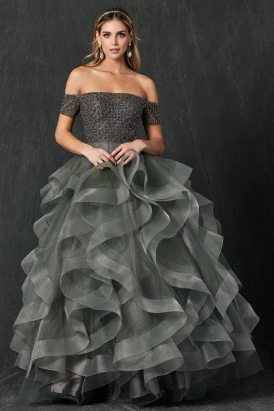 Juliet Long Off Shoulder Quinceanera Ball Gown In Gray