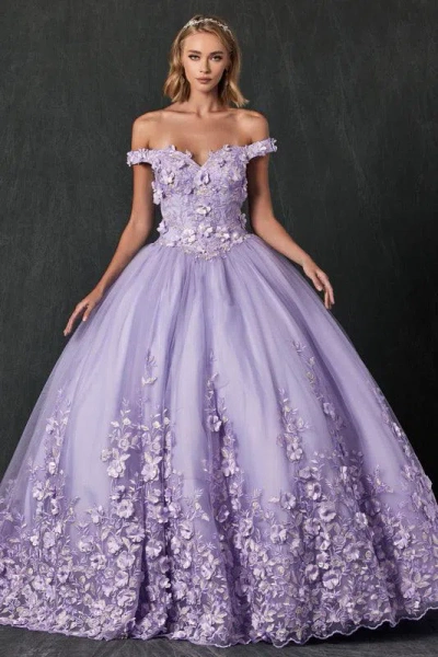 Juliet Long Quinceanera Off Shoulder Floral Ball Gown In Purple