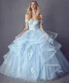 Juliet Long Quinceanera Off Shoulder Glitter Ball Gown In Blue