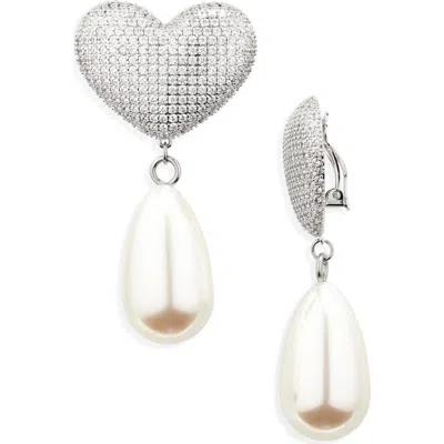 Julietta Frances Pavé Crystal Heart & Faux Pearl Clip-on Earrings In Silver Pearl