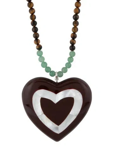 Pre-owned Julietta Mother Of Pearl, Resin & Multistone Heart Pendant Necklace, 33" In Burgundy