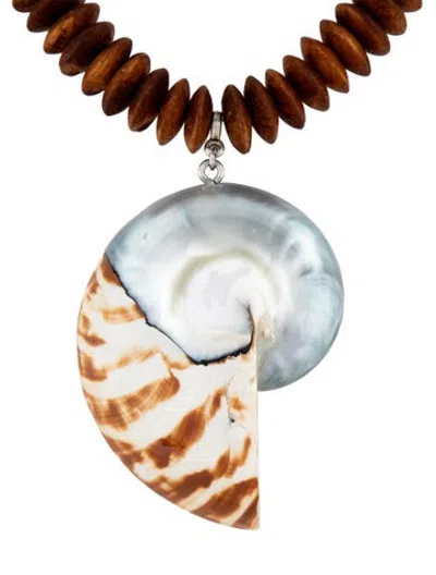Pre-owned Julietta X Veronica Beard Wood & Shell Pendant Necklace, 17" In Blue/brown/white