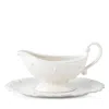 Juliska Berry & Thread Whitewash Sauce Boat And Stand In Whitewash