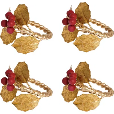 Juliska Forest Walk Holly Berries Set Of 4 Napkin Rings In Gold