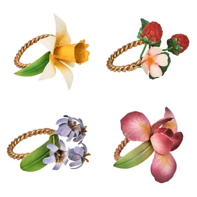 Juliska Meadow Walk Floral Napkin Ring Assorted Set/4 - Multi In Red;yellow;pink;purple