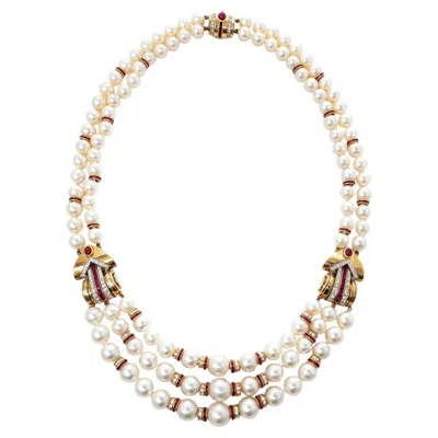 Pre-owned Julius Cohen 1980s Multi-strand Pearl Necklace With Ruby & Diamond Gold Stations