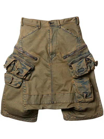 Julius Drop-crotch Denim Cargo Shorts In Brown