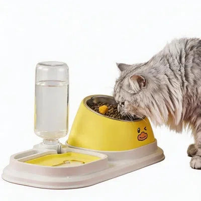 July 16° Tilt Elevated Pet Bowl With Automatic Water Dispenser, Stainless Steel Cat Food Water Feeder In Yellow