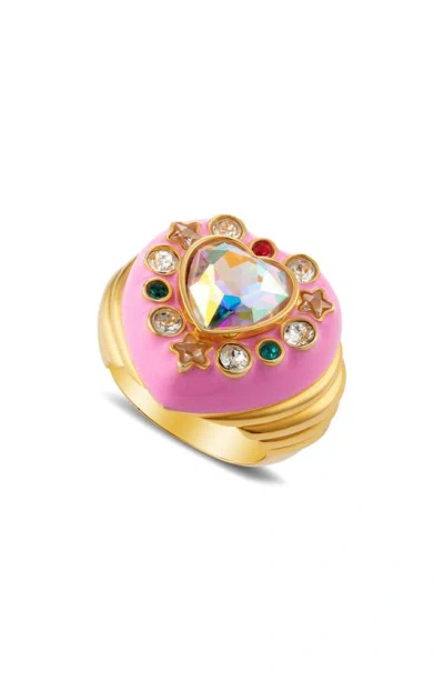 July Child Cosmic Girl Heart Ring In Gold/ Pink Enamel/ Swarovski