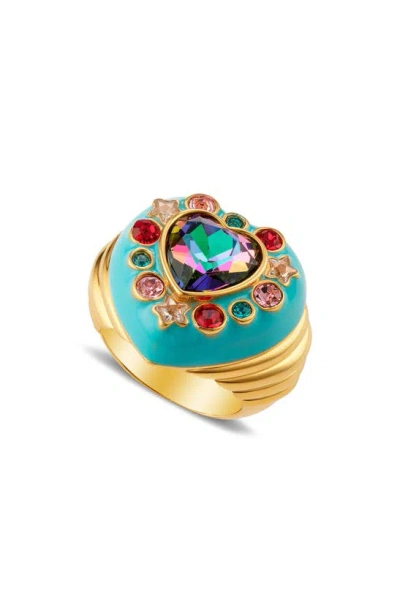 July Child Gemini Baby Heart Ring In Gold/ Blue Enamel/ Swarovski