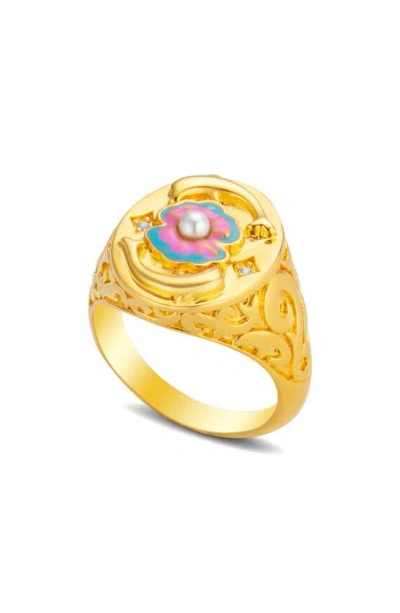 July Child Lady Neptune Signet Ring In Gold/ Enamel/ Cubic Zirconia