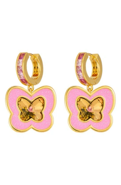 July Child Rosa Butterfly Drop Huggie Hoop Earrings In Pink Glitter/crystal/cubic Zir
