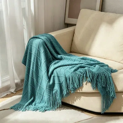 July Diamond Knitted Tassel Throw Blanket. In Menthol Green