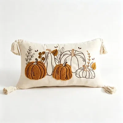 July Embroidered Pumpkin Lumbar Throw Pillow, 14" X 24" Rectangular Decorative Accent Pillow For Sofa Cou In Brown