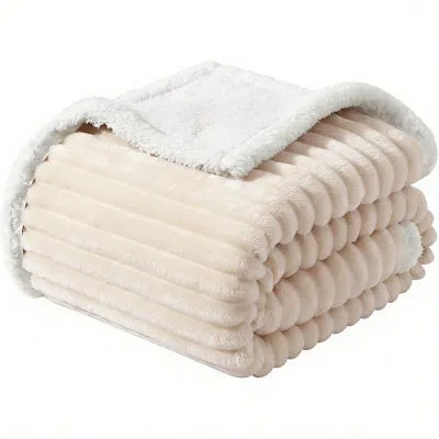 July King Size Reversible Striped  Sherpa Fleece Throw Blanket,87" X 94". In White