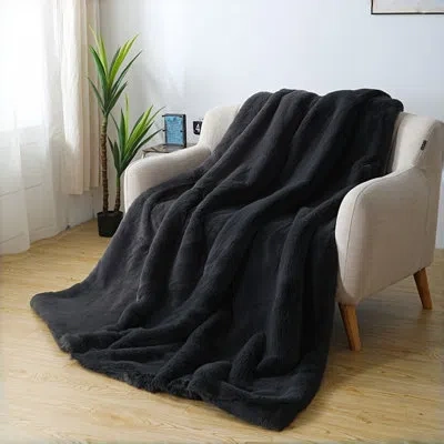 July Luxury Faux Rabbit Fur 1100gsm Heavy Throw Blanket For Couch Sofa Bed, Cozy Shaggy Decorative Blanke In Black