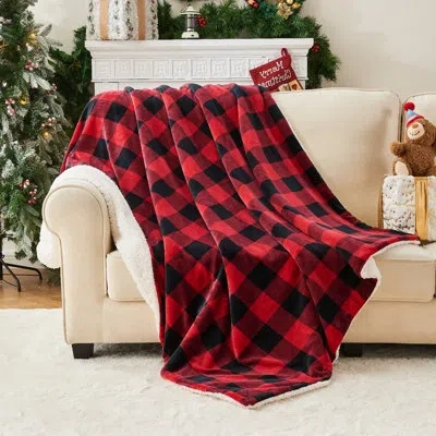 July Red And Black Plaid Flannel Sherpa Throw Blanket.