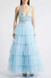 Jump Apparel 13077 Prom Long Beaded Ruffle Formal Dress In Blue