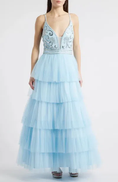 Jump Apparel 13077 Prom Long Beaded Ruffle Formal Dress In Blue