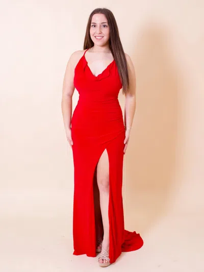 Jump Apparel 13400 Long Formal Slit Cowl Prom Dress In Red