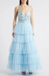 Jump Apparel Beaded Bodice Ruffle Tulle Gown In Blue