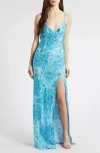 Jump Apparel Beaded Sequin Sleeveless Gown In Turquoise
