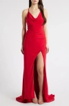 Jump Apparel Cowl Neck Ruched Back Gown In Red