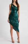 Jump Apparel Cutout Asymmetric One-shoulder Sequin Cocktail Dress In Hunter