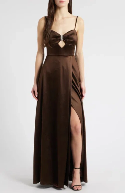 Jump Apparel Embellished Cutout A-line Gown In Chocolate