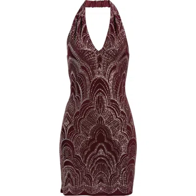 Jump Apparel Glitter Slinky Halter Cocktail Minidress In Burgundy