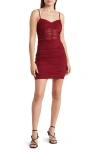 Jump Apparel Mesh Shirred Minidress In Burgundy