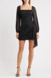 Jump Apparel Metallic Drape Front Long Sleeve Minidress In Black