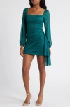 Jump Apparel Metallic Drape Front Long Sleeve Minidress In Green