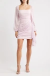 Jump Apparel Metallic Drape Front Long Sleeve Minidress In Pink