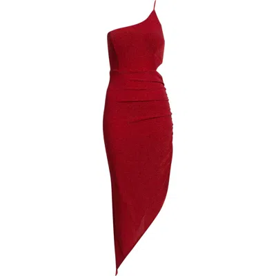 Jump Apparel Metallic Knit One-shoulder Asymmetric Gown In Red