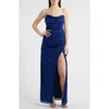 Jump Apparel Metallic Rhinestone Strap Gown In Navy
