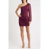 Jump Apparel One Shoulder Metallic Ruched Minidress In Burgundy