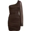 Jump Apparel One Shoulder Metallic Ruched Minidress In Chocolate