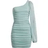 Jump Apparel One Shoulder Metallic Ruched Minidress In Sage