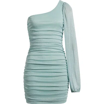 Jump Apparel One Shoulder Metallic Ruched Minidress In Sage