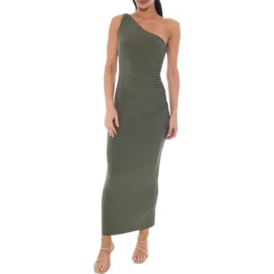 Jump Apparel One-shoulder Ruched Maxi Dress In Olive