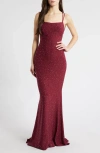 Jump Apparel Rhinestone Strappy Gown In Wine