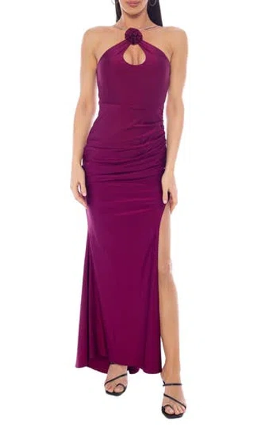 Jump Apparel Rosette Halter Neck Ruched Maxi Dress In Berry